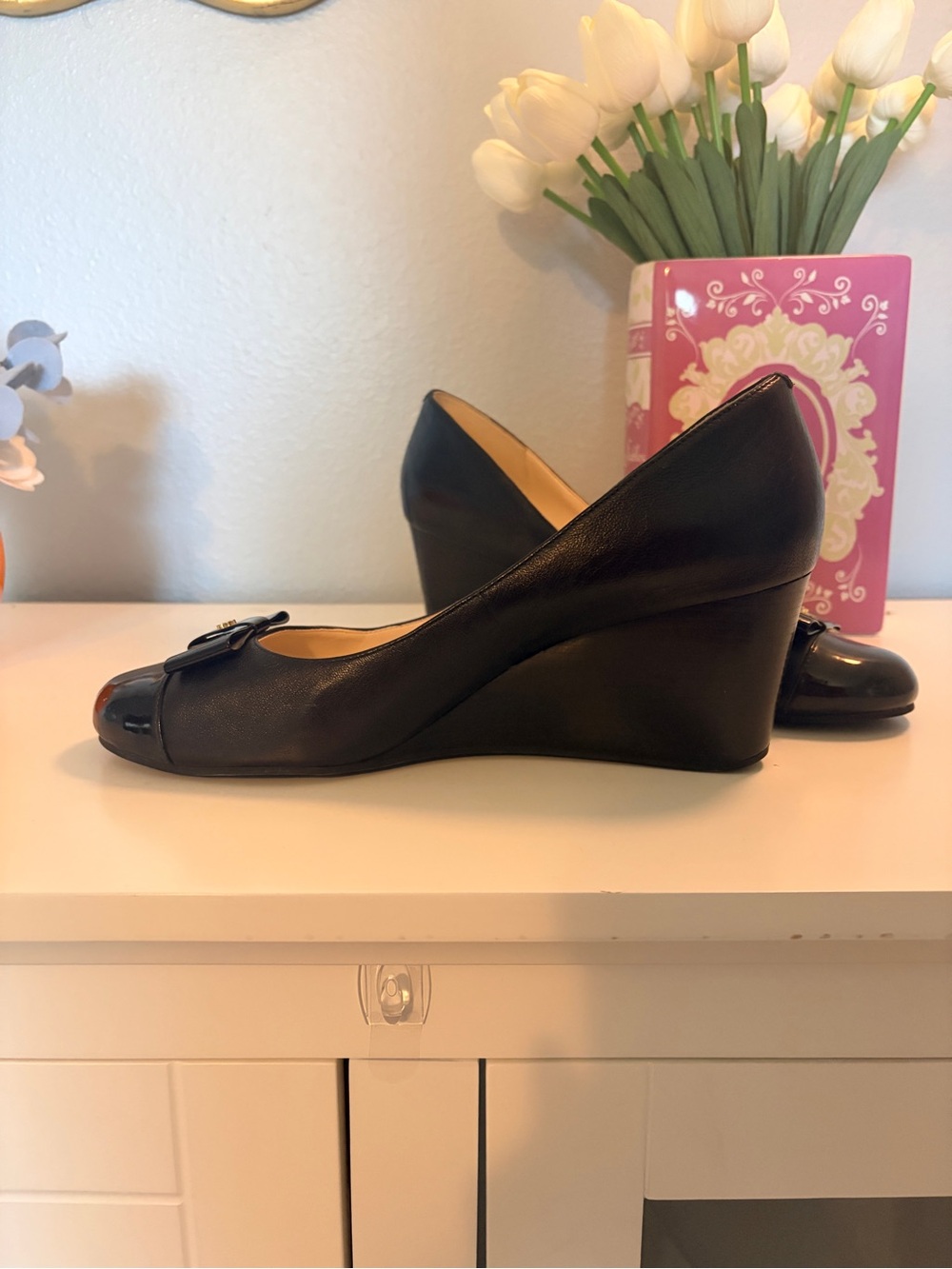 Cole Haan Black Leather Bow Wedge Pumps - Women - Picture 2 of 7